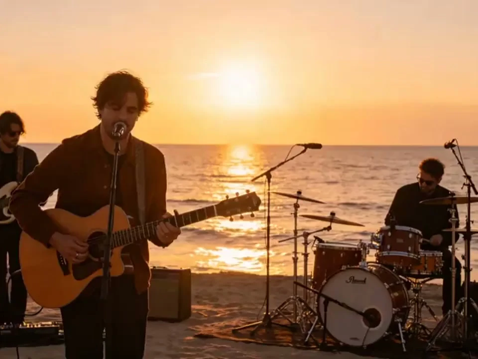 Kling4 explainer still: a band playing live on a beach at sunset
