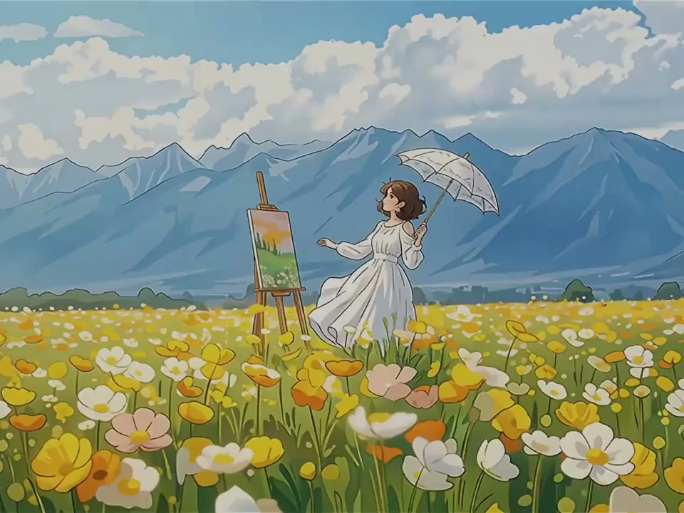 Anime girl with a parasol in a meadow