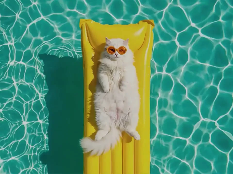 Cat in sunglasses floating on a pool raft