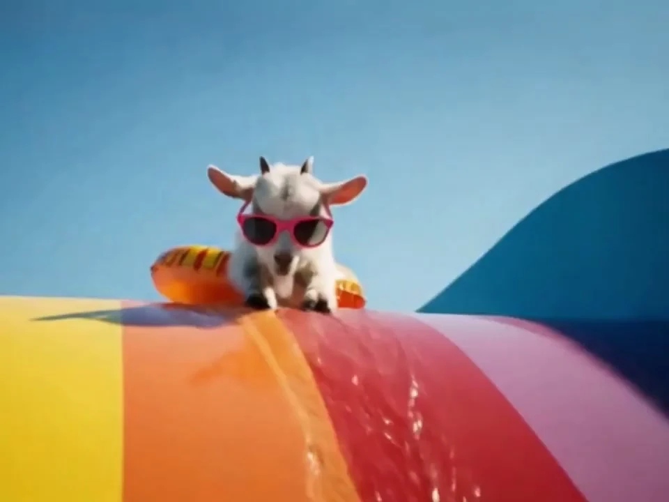 Baby goat in sunglasses riding a water slide