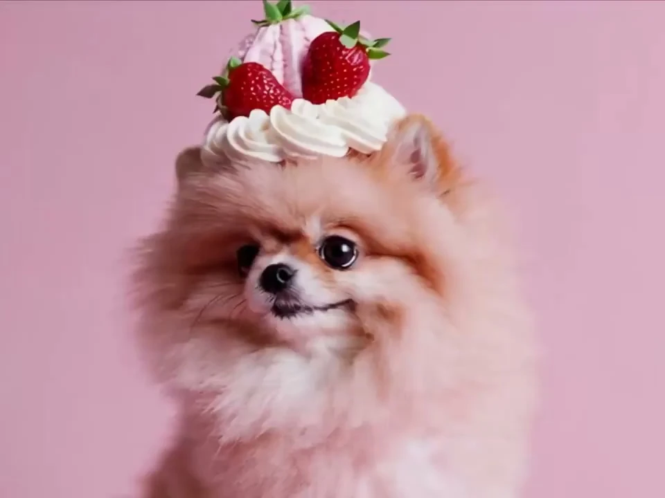 Pomeranian wearing a strawberry cream dessert