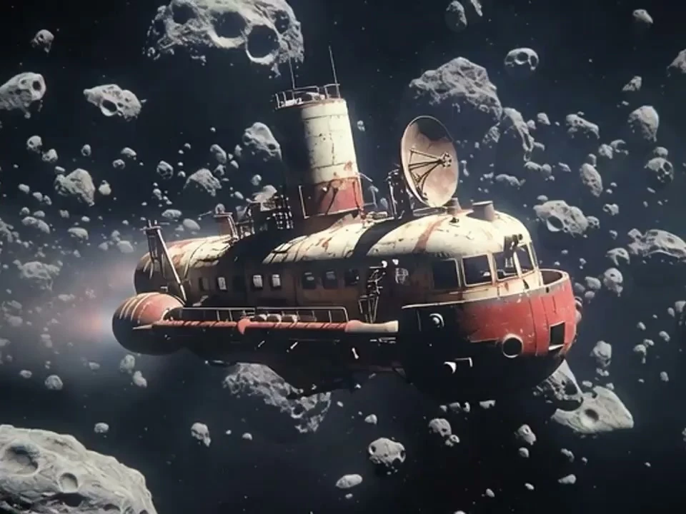 Retro spaceship weaving through an asteroid field
