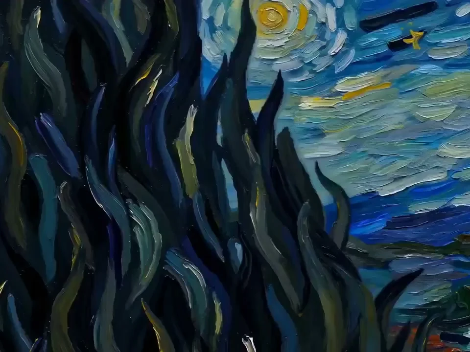 Starry Night brushstrokes swirling into motion