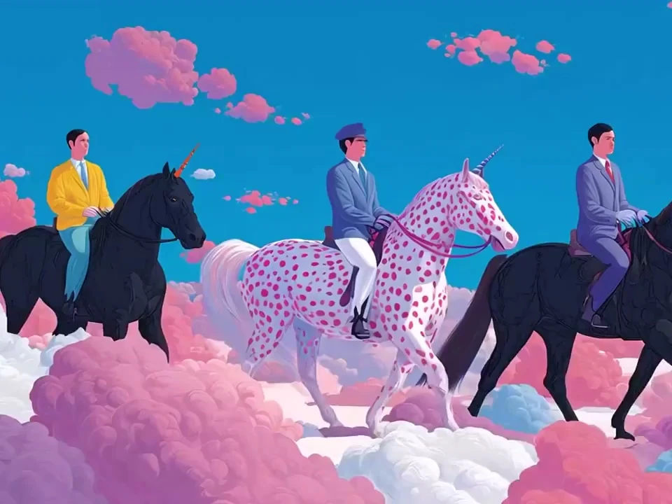 Riders on unicorns crossing pink clouds