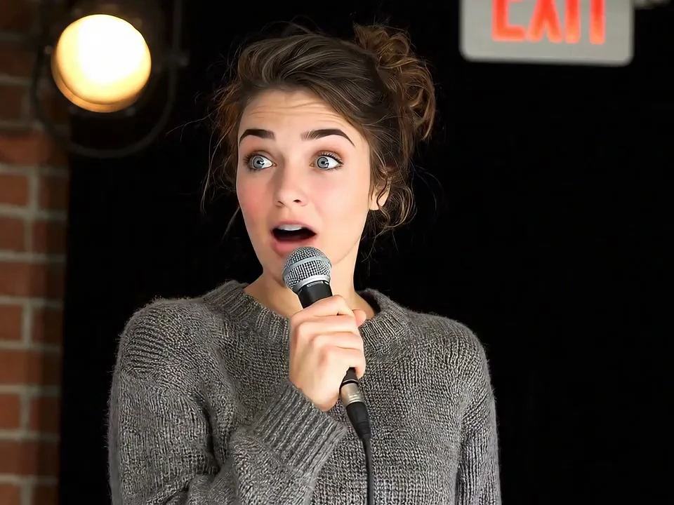 Kling4 image to video still: a performer holding a microphone on a brick-wall stage