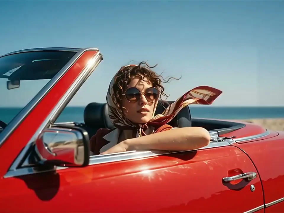Kling4 text to video still: a woman driving a red convertible by the sea