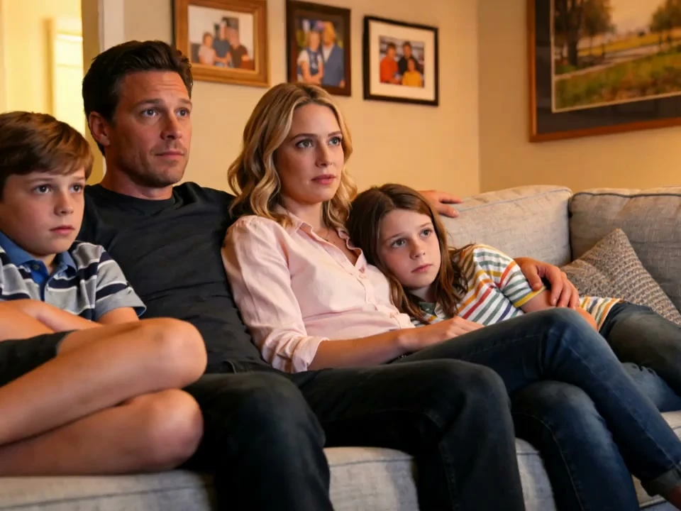 Kling4 wide scene still: a family chatting on a couch in a warm living room